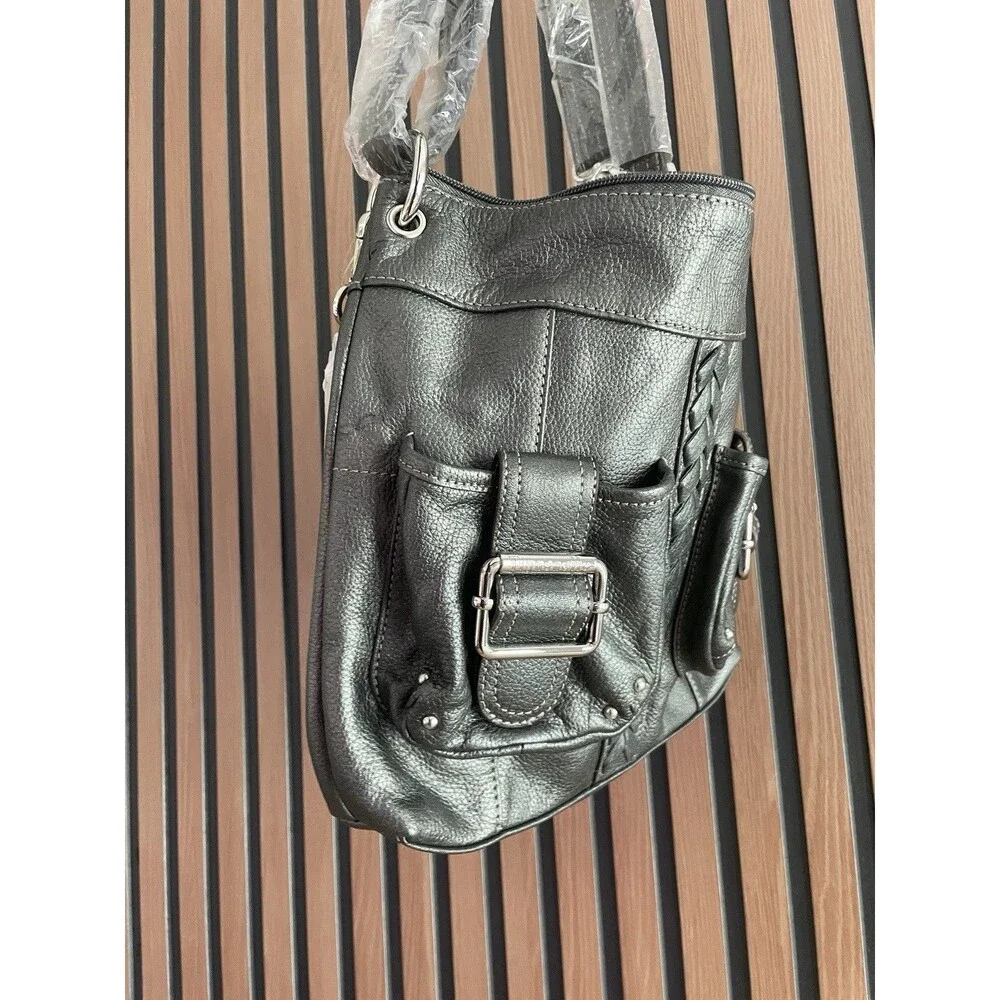 NWT Tignanello Gray Pebbled Leather Hobo Shoulder Bag Braided Buckle Pocket Y2K